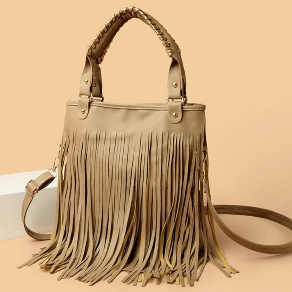 Handbag Faux Leather Shoulder Crossbody Purse with Rivets and Fringes